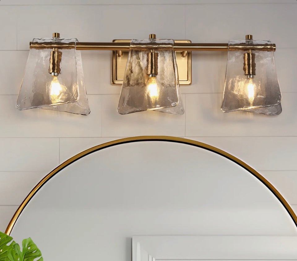 Mercer41 Elisabette 3-light dimmable gray glass bathroom vanity light with brass finish