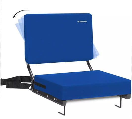 Hutmang blue stadium seat with padded backrest and swivel feature for bleachers