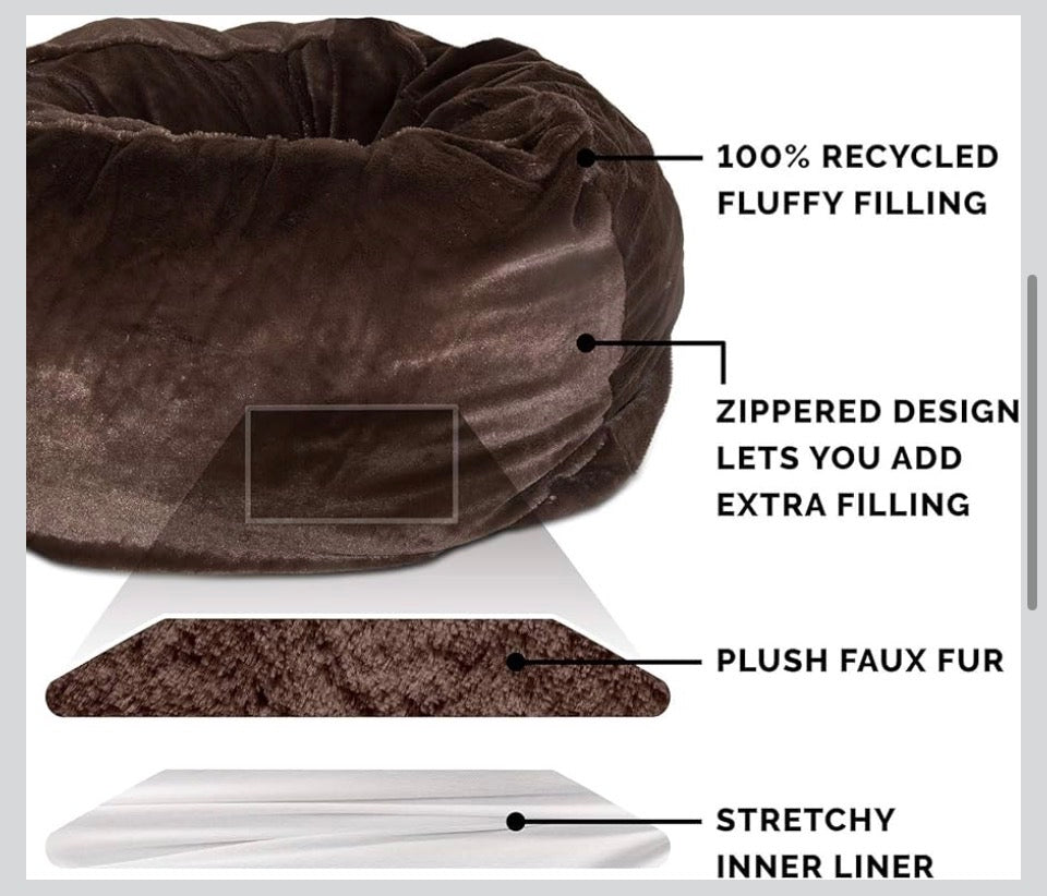Furhaven Soft & Cozy Dog Bed for Large/Medium Dogs, Refillable w/ Removable Washable Cover & Liner, For Dogs Up to 55 lbs - Plush Faux Fur Bean Bag Style Ball Bed - Espresso, Large