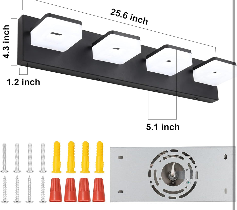 Open Box GOODATE 3 Colors Dimmable Black Vanity Lights for Bathroom, LED 4 Light Vanity Lighting Fixtures, Acrylic Stainless Steel Bathroom Light Fixt