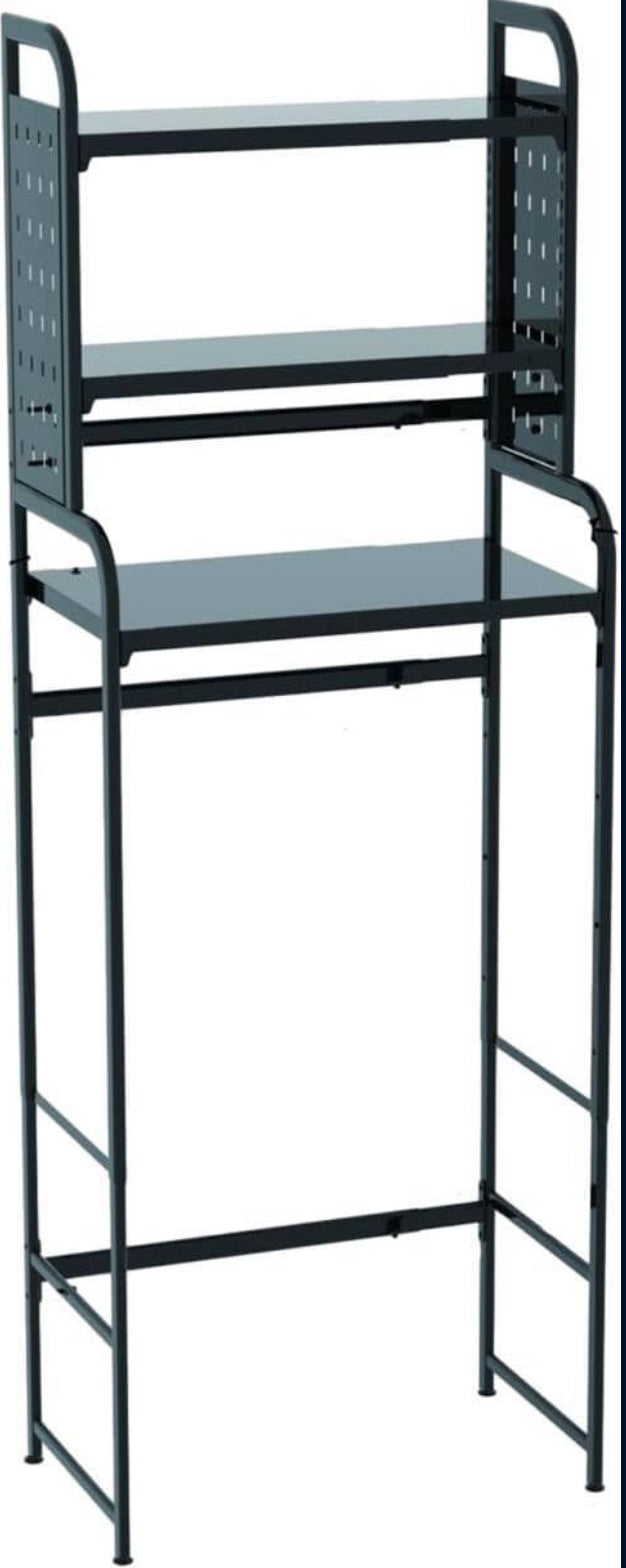 BIFCIOFH 3-Tier Expandable Over Toilet Storage Rack in Dark Grey, Adjustable for Laundry and Bathroom Essentials.