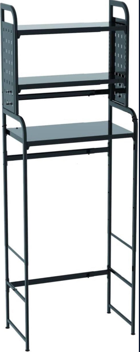 Dark grey 3-tier expandable over toilet storage rack with adjustable height and pegboard for laundry organization