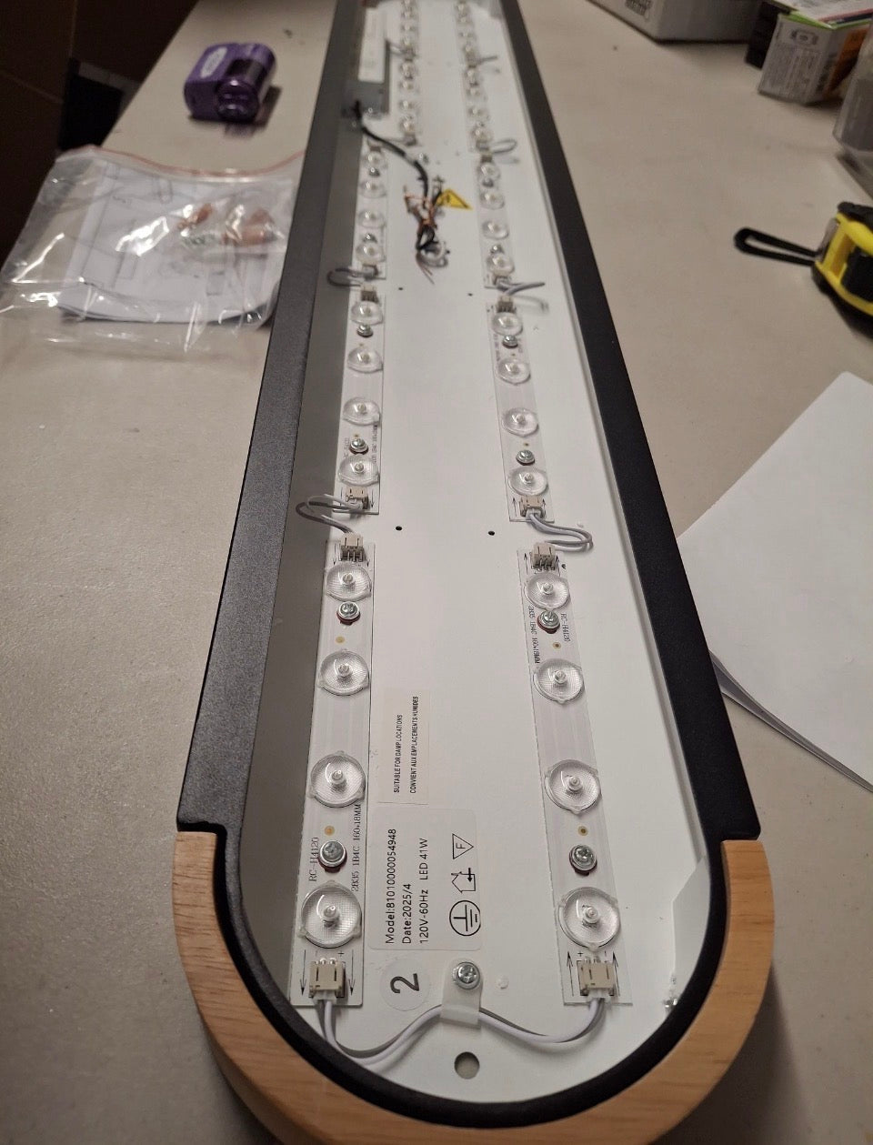 Lumin 38 in. W 1-Light Black and Wood Integrated LED Flush Mount Minimalist Long Oval Ceiling Light for Bathroom/Kitchen