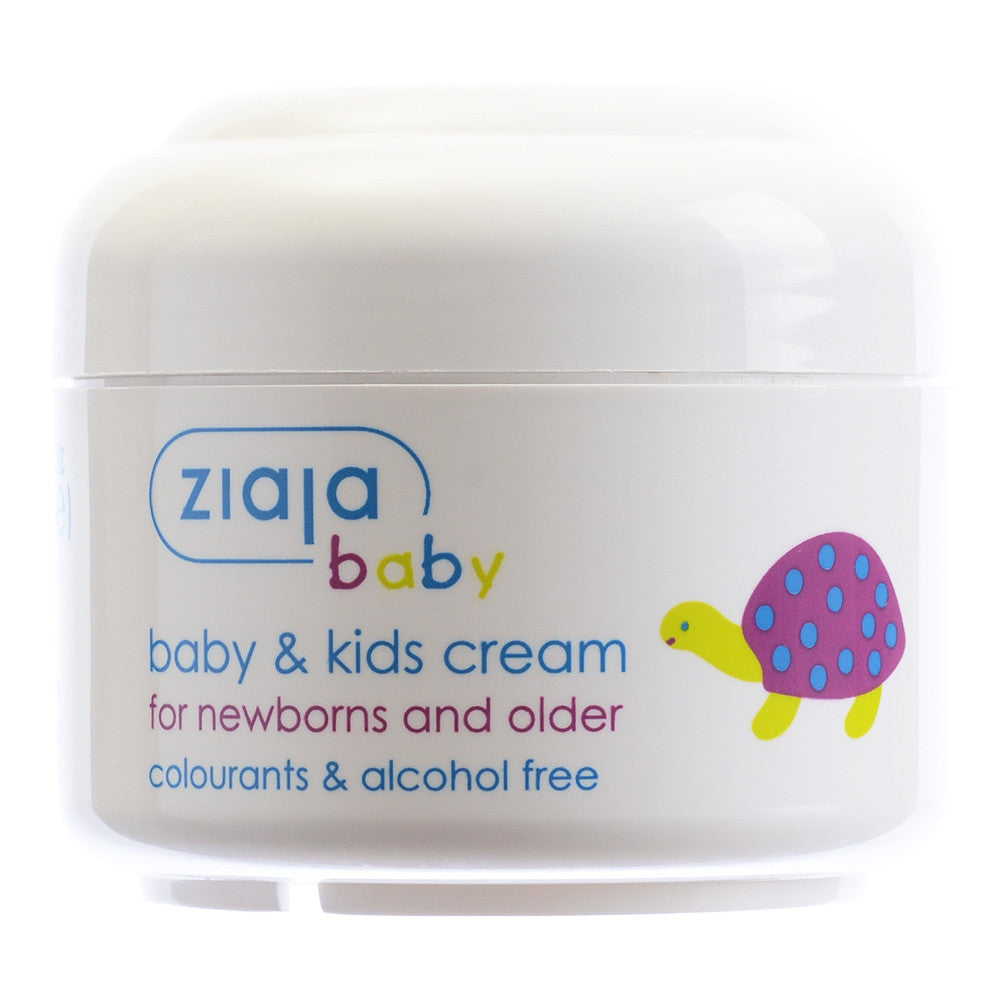 Ziaja baby & kids cream container with turtle illustration, moisturizing cream for newborns and older, colorants and alcohol free.