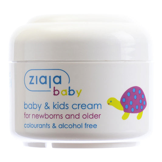 Ziaja baby & kids cream container with turtle illustration, moisturizing cream for newborns and older, colorants and alcohol free.