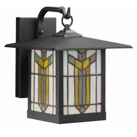 River Of Goods Craftsman Style 1-Light Oil Rubbed Bronze Outdoor Stained Glass Wall Lantern Sconce with intricate blue-gray and amber stained glass design