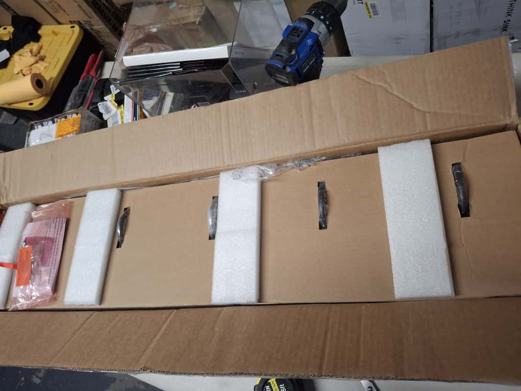 OPEN BOX NEW LNC Modern 35.5 in. 5-Light Aged Brass Vanity Light with Black Linear Frame and Clear Glass Globes