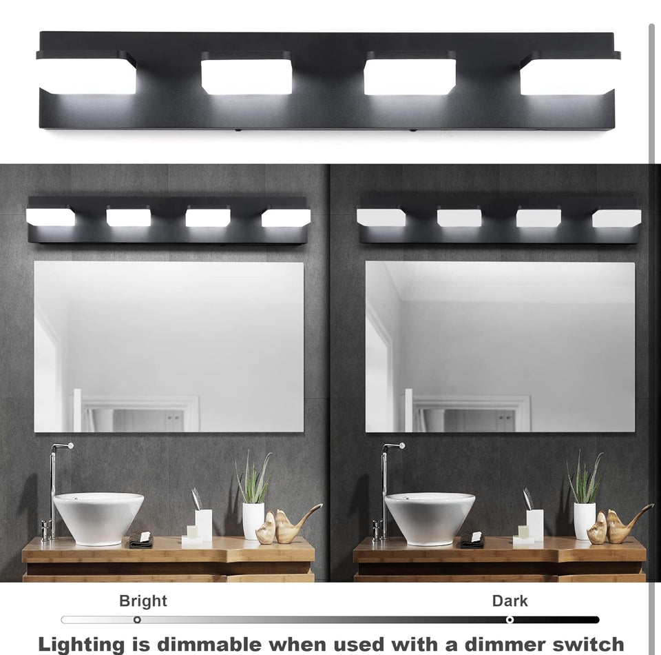 Open Box GOODATE 3 Colors Dimmable Black Vanity Lights for Bathroom, LED 4 Light Vanity Lighting Fixtures, Acrylic Stainless Steel Bathroom Light Fixt