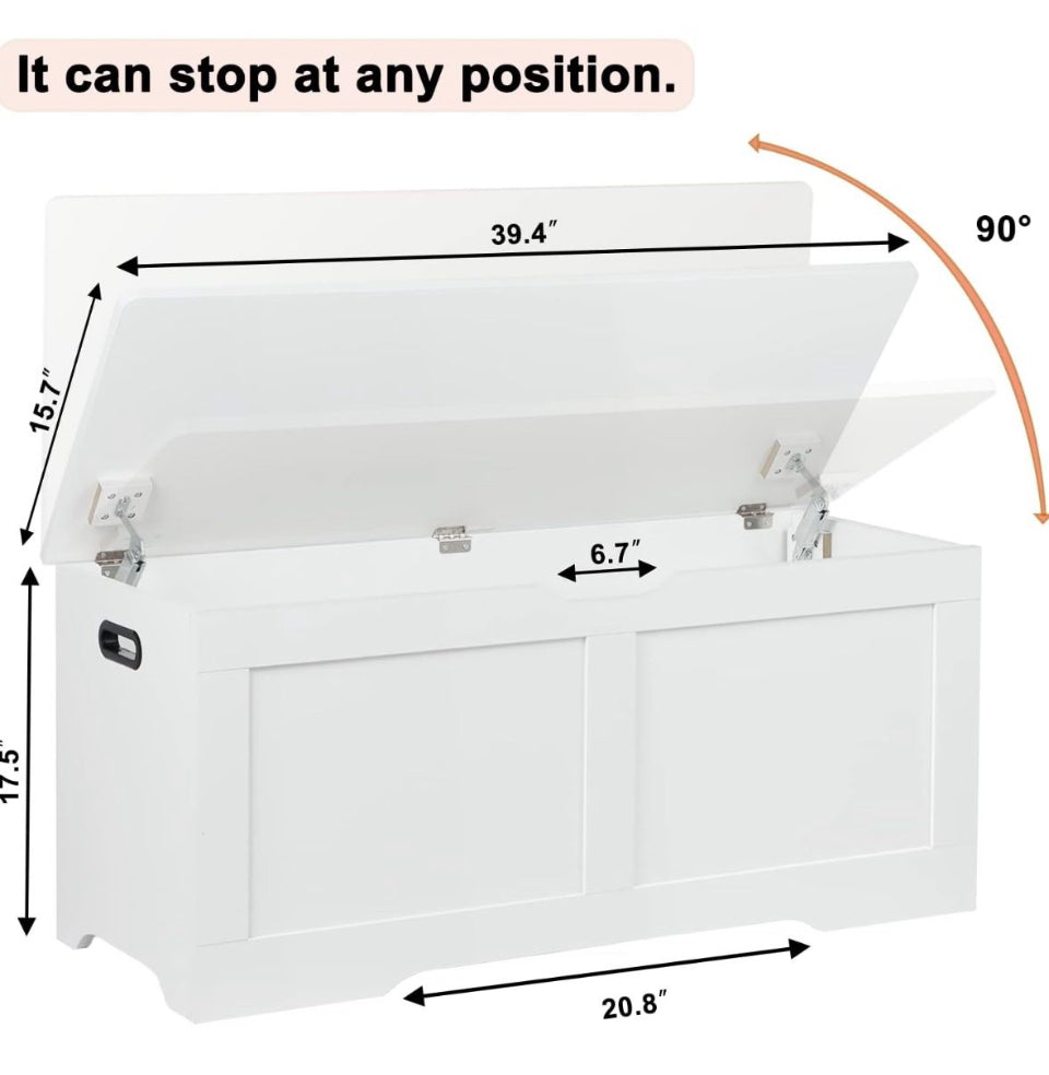 "Timberer 39.4"" Storage Chest, Wooden Storage Bench, Lift Top Toy Chest with 2 Safety Hinges, Large Toy Box, Entryway Bench for Living Room, Bedroom, White"