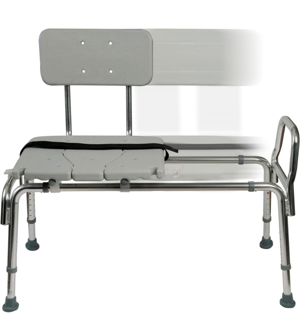 DMI Tub Transfer Bench with non-slip aluminum frame, adjustable seat, and safety features for elderly and disabled.