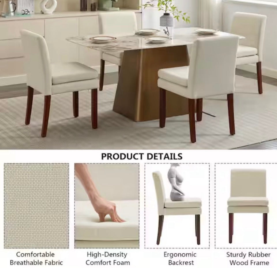 OPEN BOX WONDER COMFORT Modern White Linen Kitchen Dining Chair Set of 2 with Thick Padded Cushioned Seat and Wood Legs