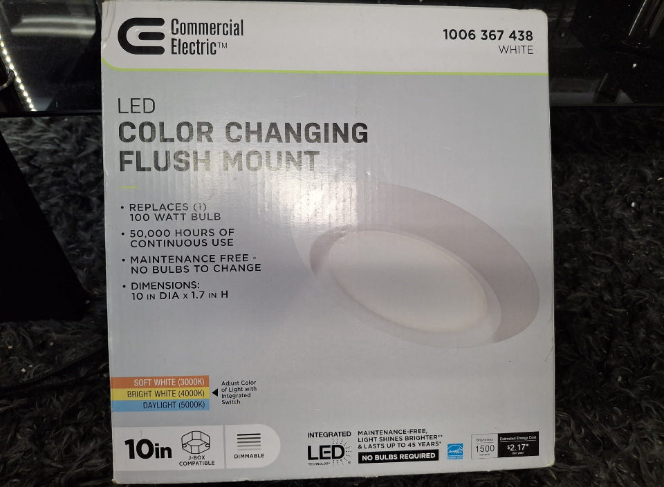 Open Box Commercial Electric 10 in. 18-Watt Adjustable CCT Disk Light LED Flush Mount Light Fixture 1500 Lumens J-Box Compatible 120V Dimmable