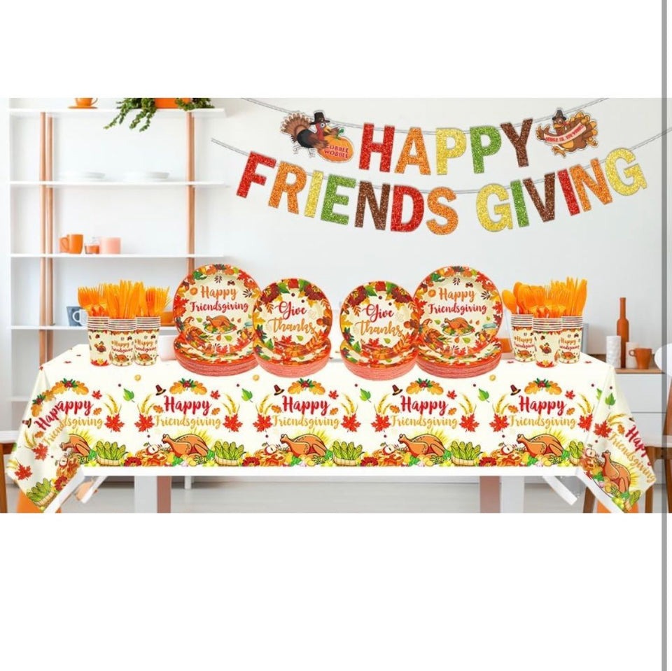Open Box New Xcvwz 189Pcs Thanksgiving Party Supplies - Plates, Napkins, and Happy Friendsgiving Banner for Decorations
