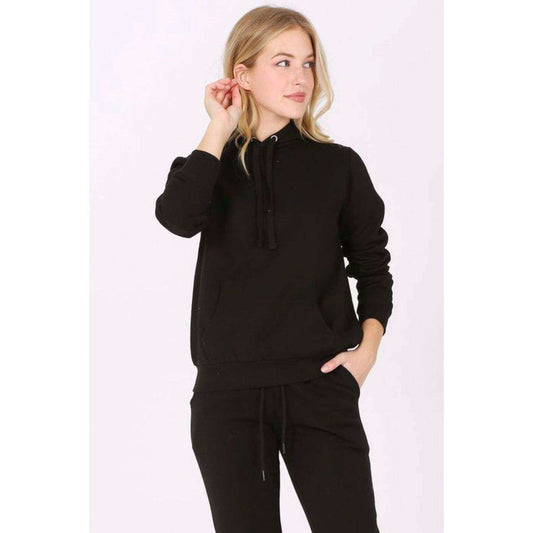 Black ROSIO Hoodies Basic solid fleece pullover hoodie sweatshirt with adjustable drawstring hood worn by female model