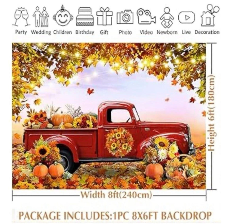 New Avezano Fall Forest Red Truck Photography Backdrop 8x6ft Autumn