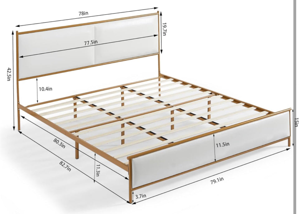 •Dolonm Upholstered King Size Platform Bed Frame, with Headboard and Strong Wooden Slats Metal Bed Frames, No Box Spring Needed Sponge Soft Bag Platfo