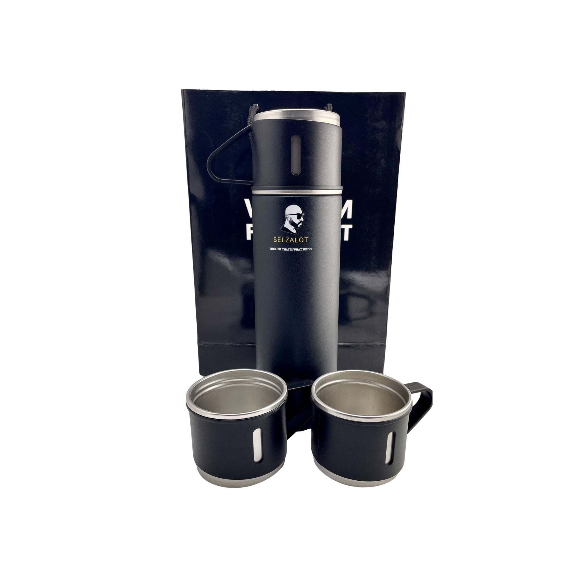 SELZALOT Stainless Steel Vacuum Flask Set in black with 500ml bottle and three cups.