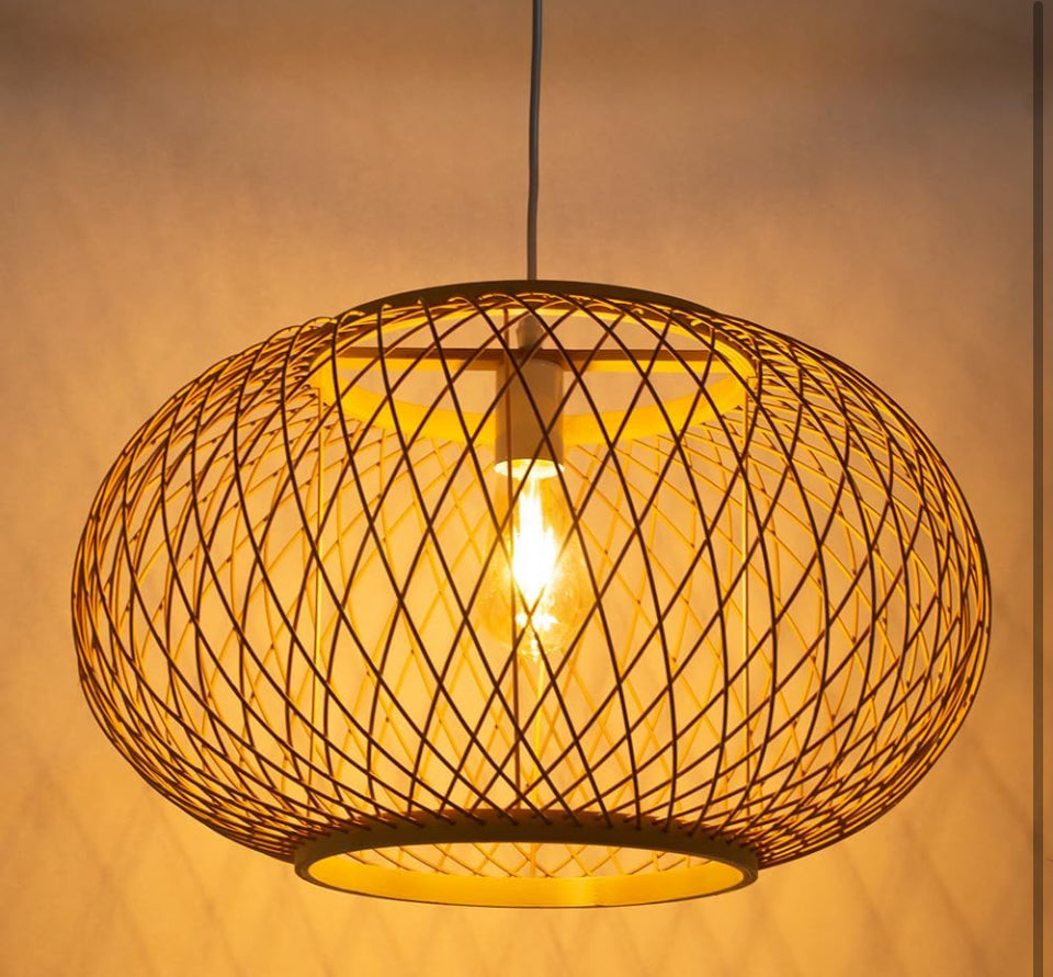 Hodevimall Bamboo Pendant Lights, Boho Chandelier Hand-Woven Oval Hanging Light Lampshade for Living Room Dining Room Kitchen Island, 19.68"x11.81"