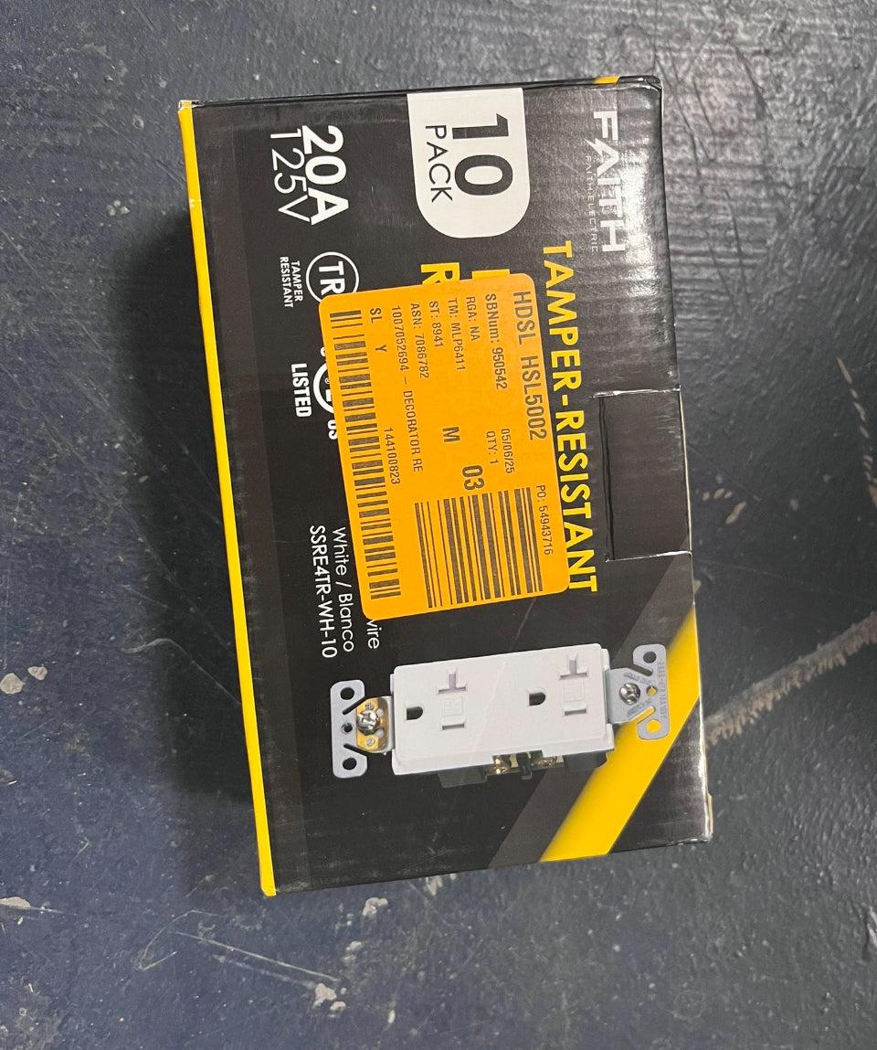 Open Box Faith [10-Pack] 20 Amp Tamper-Resistant Outlet |20A 125V Decorator Receptacle | Commercial Grade Duplex Outlets | UL-Listed, 10-Pack, White