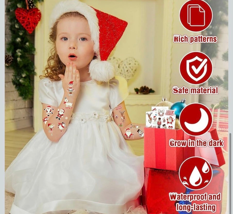 New HUSKEIN 10 Sheets Luminous Christmas Tattoos for Kids, Christmas Temporary Tattoos, Bulk Stocking Stuffers for Kids, Merry Xmas Party Decorations