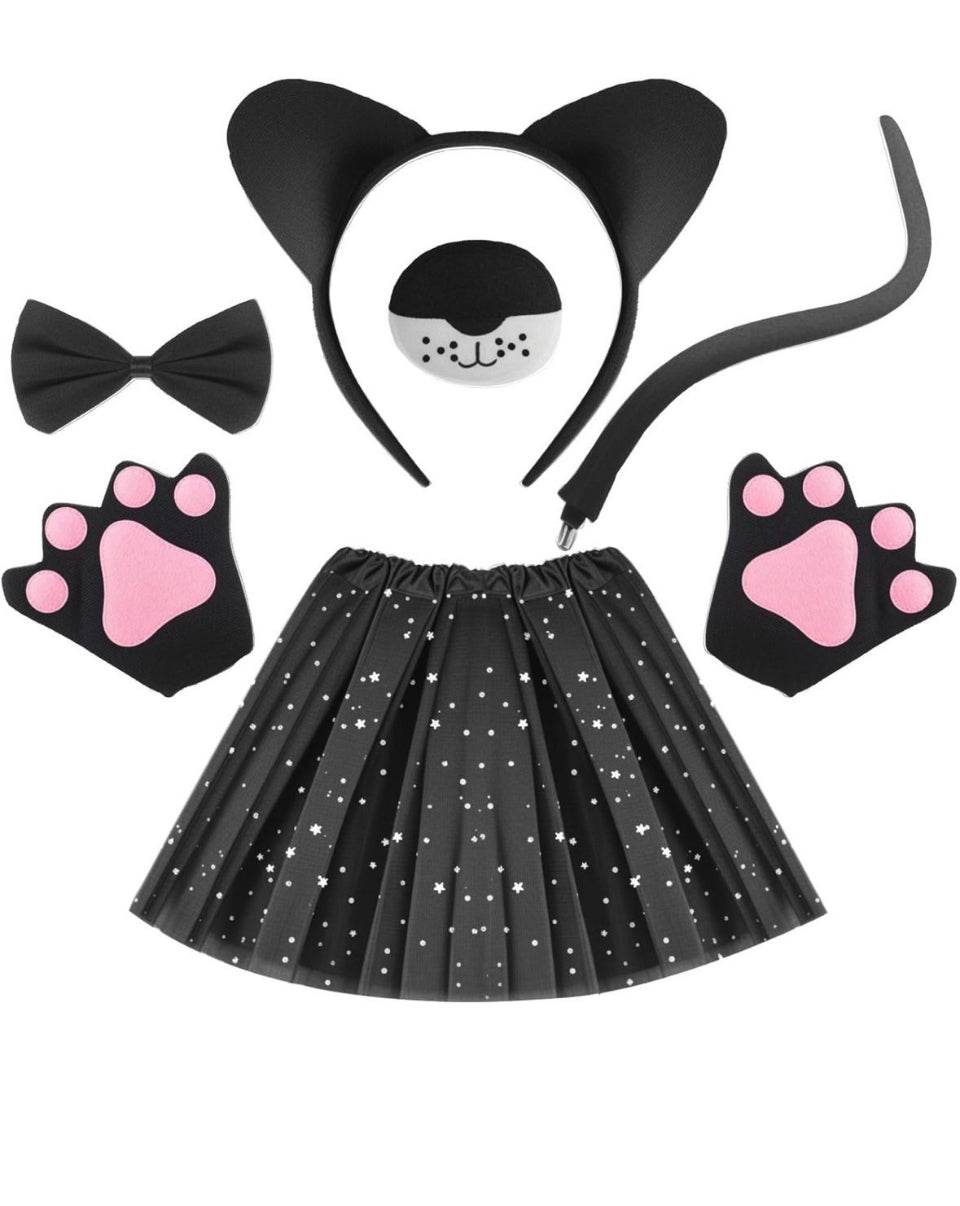 Halloween animal costume set with black cat ears headband, bow tie, tail, star-patterned skirt, and pink paw gloves for kids cosplay and theme parties