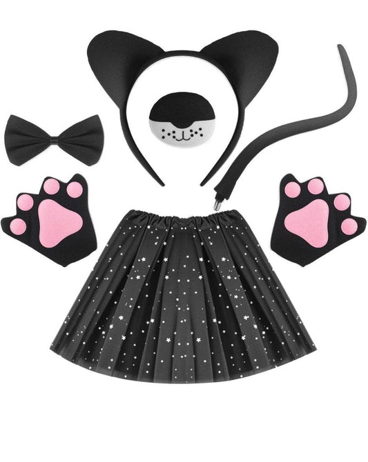 Halloween animal costume set with black cat ears headband, bow tie, tail, star-patterned skirt, and pink paw gloves for kids cosplay and theme parties