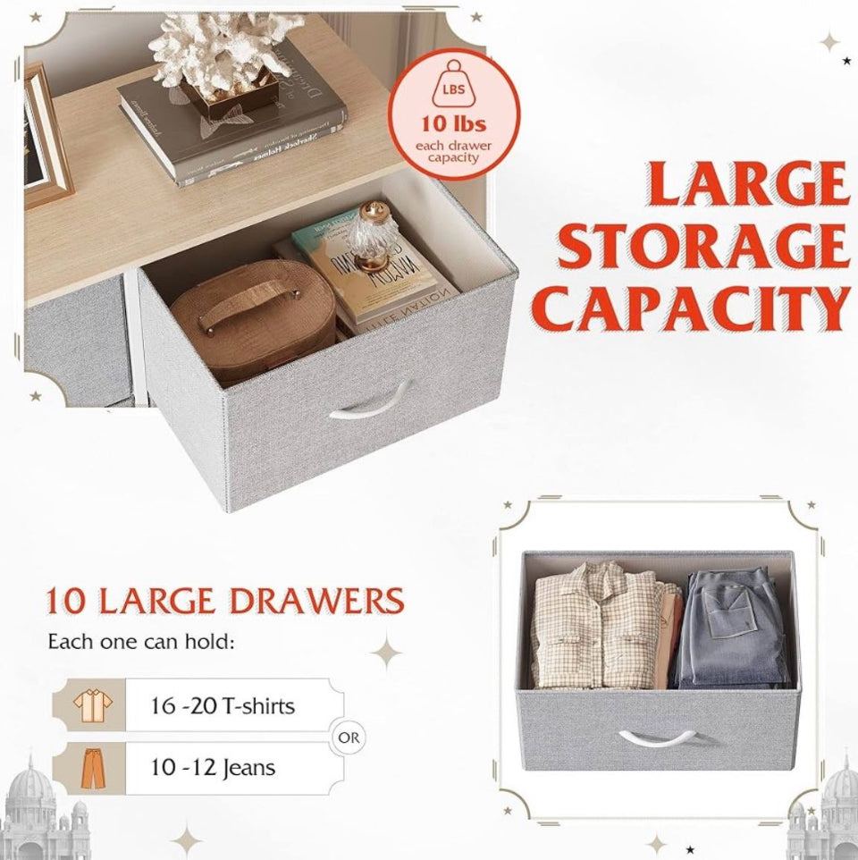 Open box WLIVE Tall Dresser for Bedroom with 10 Drawers, Chest of Drawers, Dressers Bedroom Furniture, Storage Organizer Unit with Fabric Bins for Clo