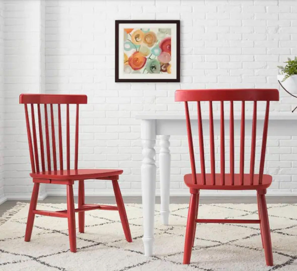 Set of 2 StyleWell chili red Windsor solid wood dining chairs with spindle backs and splayed legs