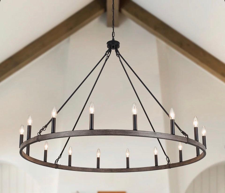 Gracie Oaks Moomal wagon wheel chandelier with dimmable black metal frame and adjustable height