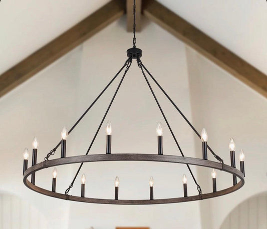 Gracie Oaks Moomal wagon wheel chandelier with dimmable black metal frame and adjustable height