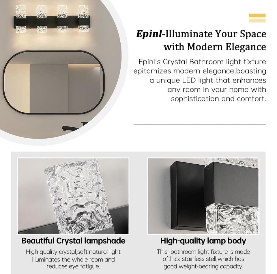 Open Box Epinl Black Bathroom Vanity Light Fixtures Bathroom Light Fixtures Over Mirror 4-Light 4000K LED Crystal Wall Sconces Modern 40W Brushed Hard
