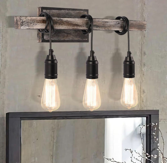 LMSOD 3 Lights Vintage Wall Sconce, Farmhouse Industrial Bare Bulb Wire Wrapped Wood Beam Linear Bathroom Vanity Light