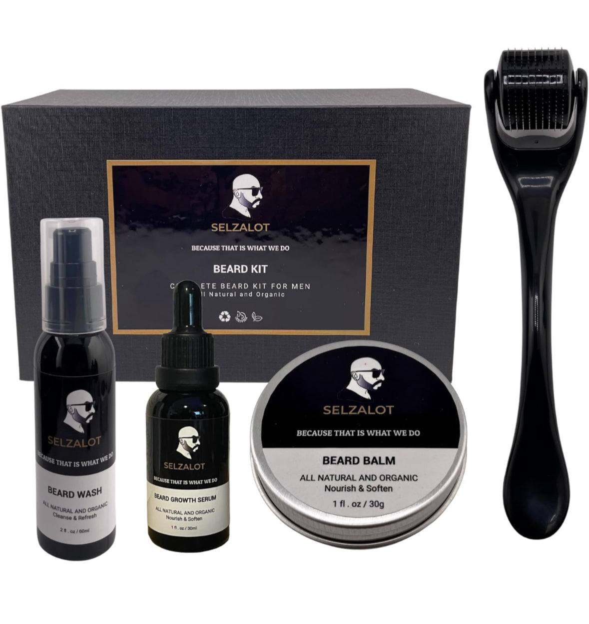 Beard Growth Kit with wash, serum, balm, and gift box for men's grooming.