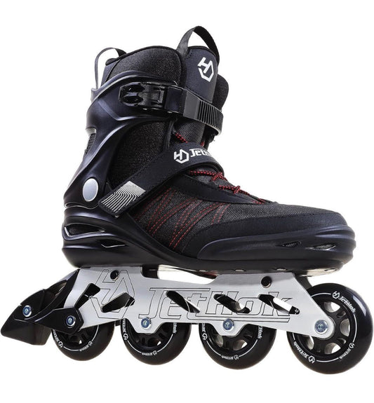 JetHok Fitness Inline Skate with aluminum frame, black and red design, size 7-11, featuring durable 85A PU wheels and breathable padded liner for smooth outdoor skating.
