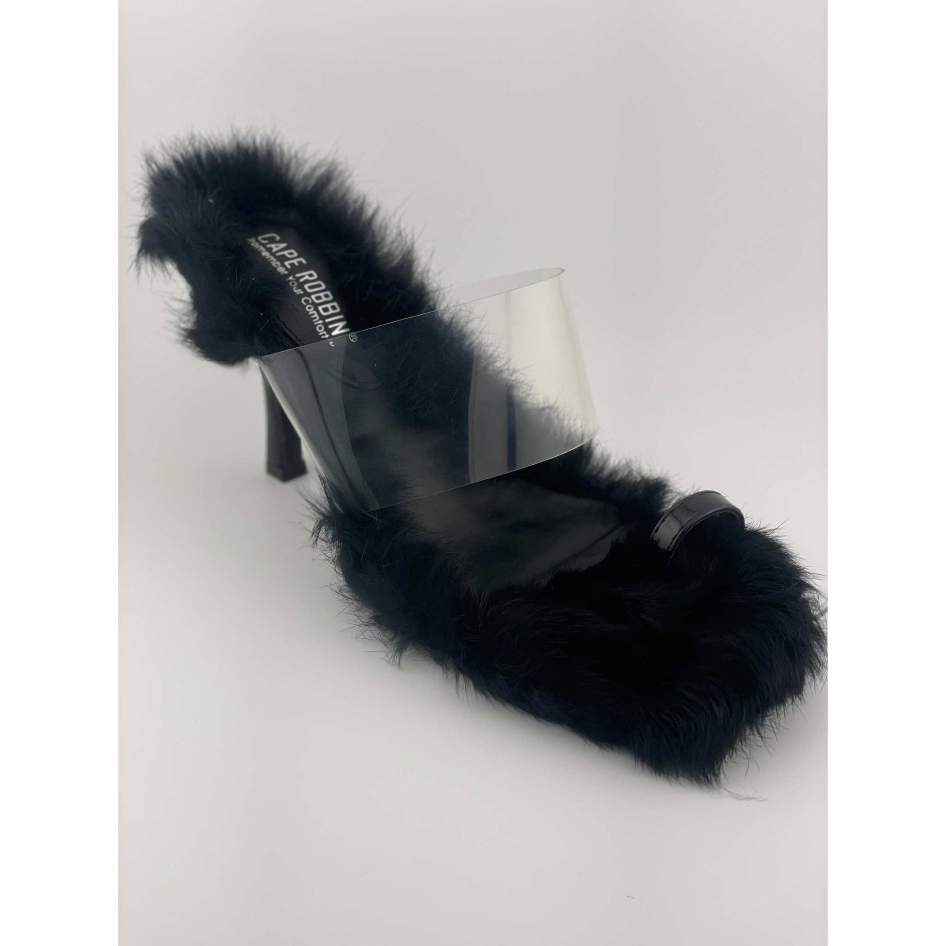 CAPE ROBBIN FANNIE Heels with black fur and clear strap design.