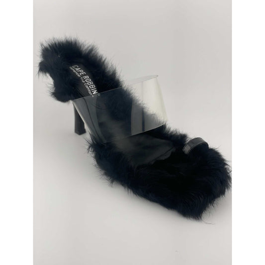 CAPE ROBBIN FANNIE Heels with black fur and clear strap design.