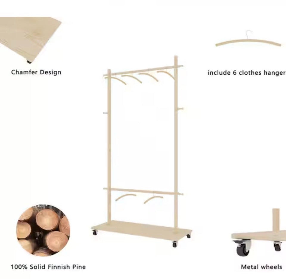 OPEN BOX NEW Angel Sar 38.2 in. x 15.7 in. x 72.1 in. Solid Wood Modern Clothes Rack with 6 Wooden Hangers, Adjustable Shelf and Wheels