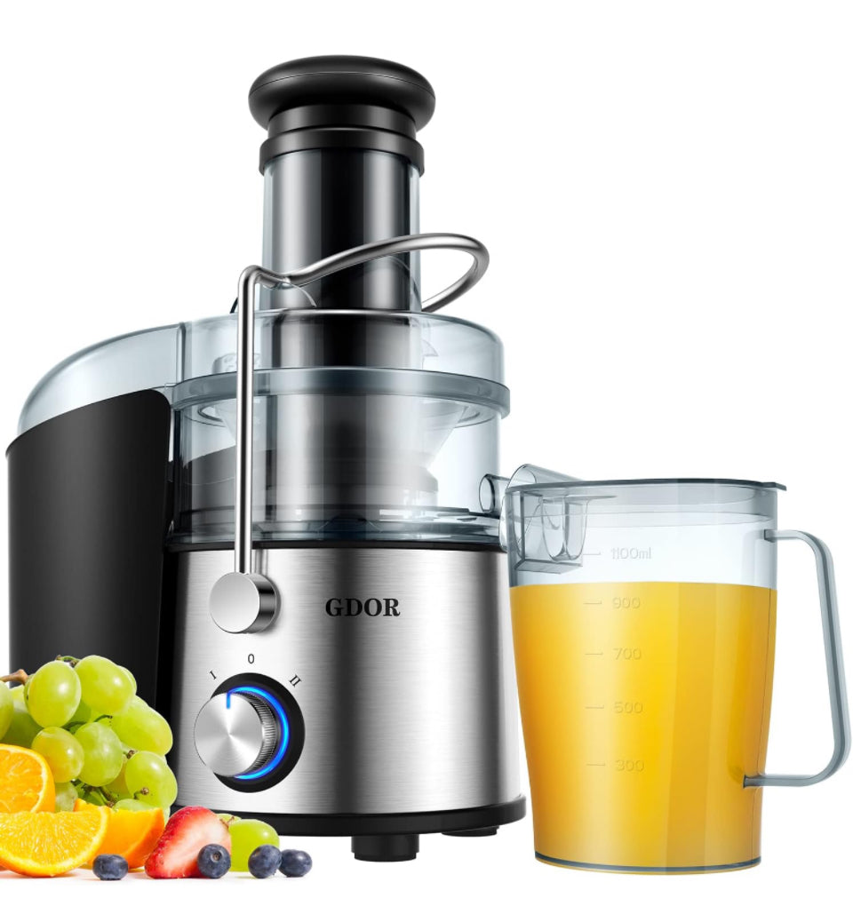 GDOR Powerful 1200W Juicer with titanium disc and 3-inch feed chute, stainless steel finish.