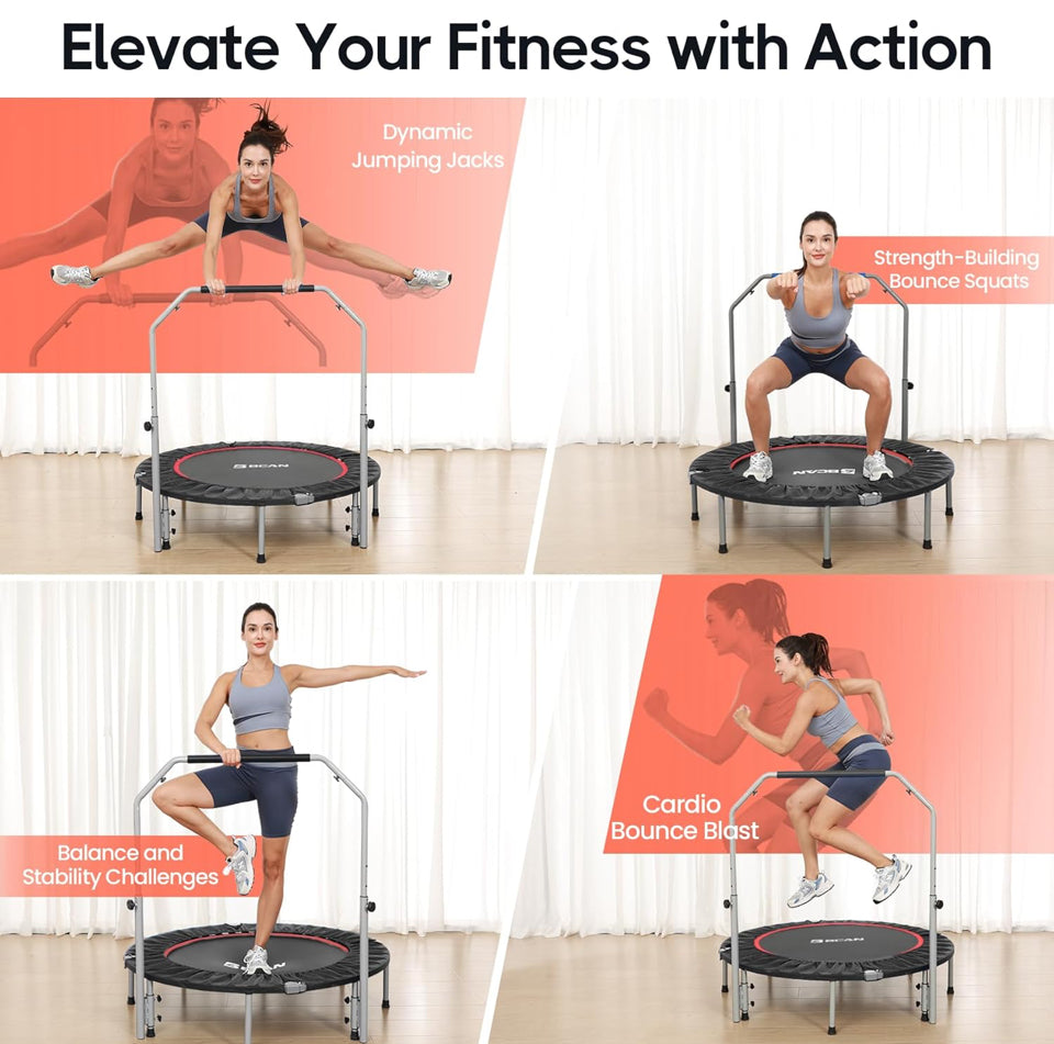 Open Box BCAN 40/48" Foldable Mini Trampoline Max Load 330lbs/440lbs, Fitness Rebounder with Adjustable Foam Handle, Exercise Trampoline for Adults In