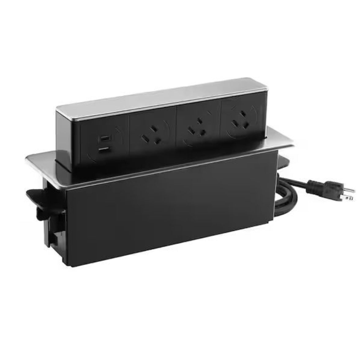 Link2Home 3-outlets space saver pop up socket with 2 USB ports and stainless steel finish for countertop installation.
