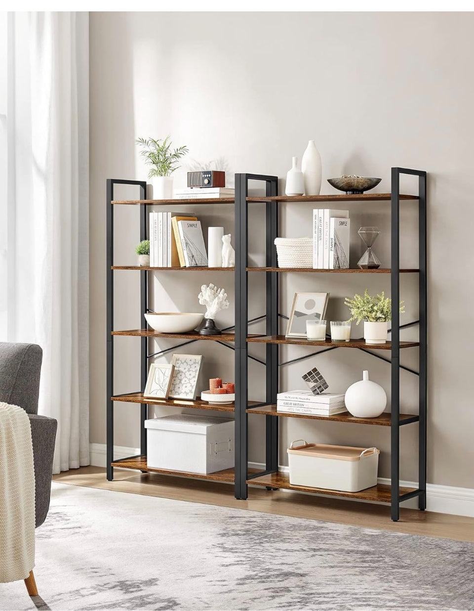 VASAGLE 5-Tier Bookshelf Industrial Style with Steel Frame, Rustic Brown and Ink Black, 11.8 x 26 x 60.2 Inches, ULLS061B01 Bookcase, Book Shelf, for Living Room, Home Office, Study