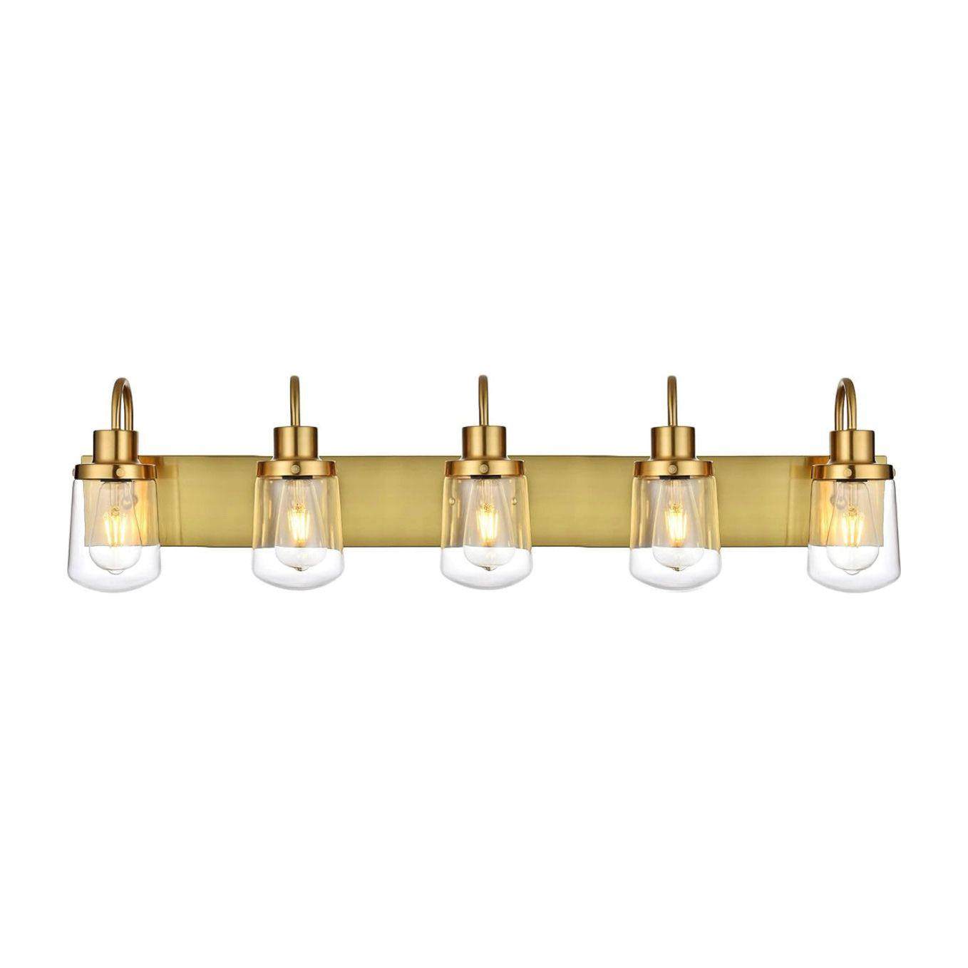 YAOHONG Modern Bathroom Vanity Light with 5 brushed brass lights and clear glass shades.
