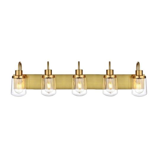YAOHONG Modern Bathroom Vanity Light with 5 brushed brass lights and clear glass shades.