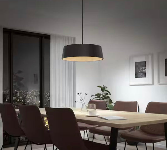 Artika Alton 43-Watt black LED pendant chandelier with wood grain accent and adjustable 5 CCT lighting for modern dining room and kitchen