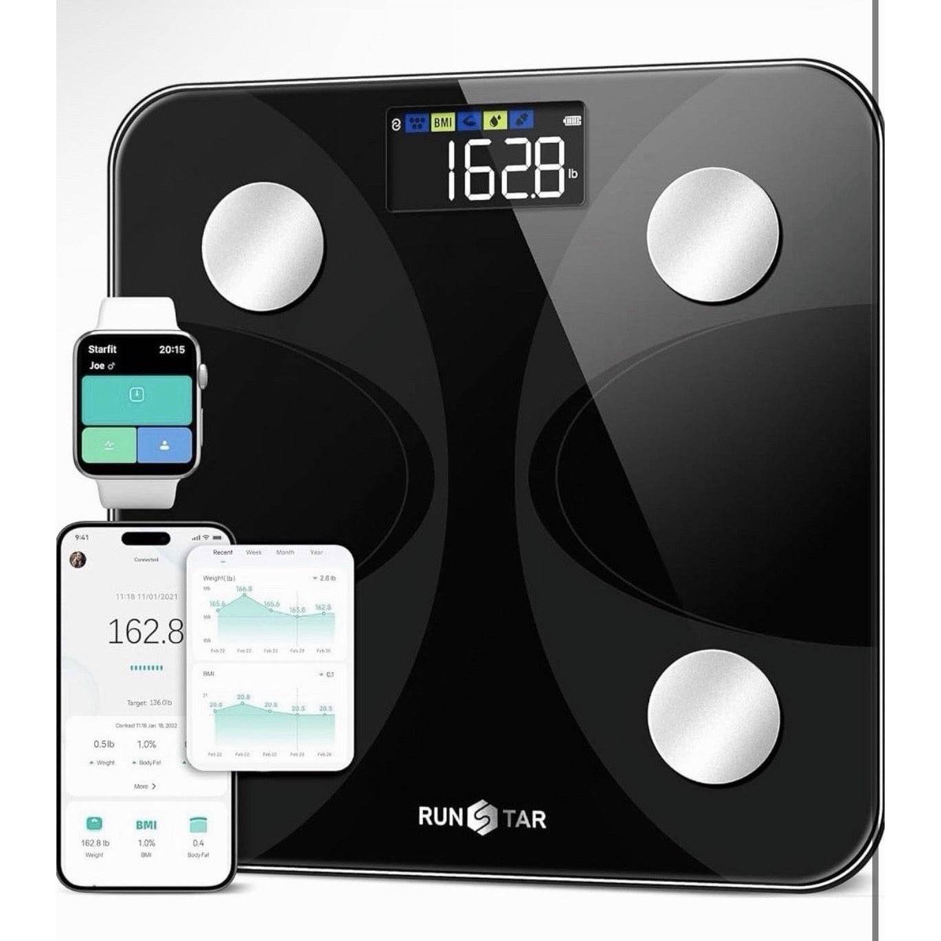 RunSTAR Digital Smart Scale with large LCD displaying weight, body fat, BMI, and app connectivity for body composition analysis