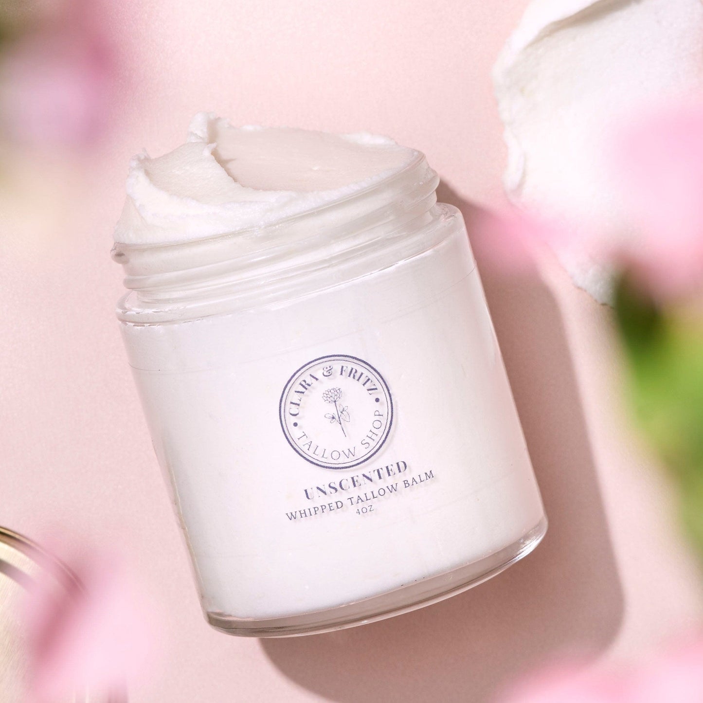 Unscented whipped tallow balm moisturizer in a glass jar for gentle, hydrating skincare