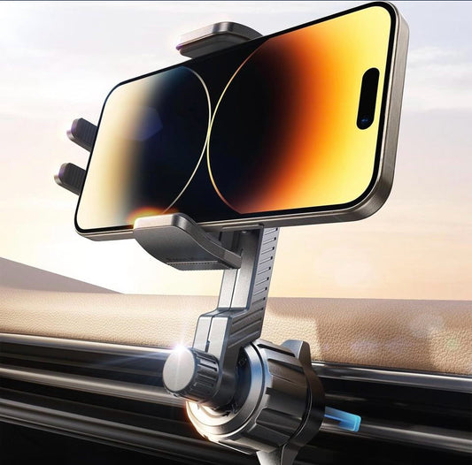 360 rotatable black phone mount securely attached to car air vent holding a smartphone horizontally