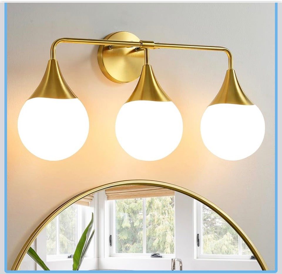 HAHZT 3-light mid century modern bathroom vanity light fixtures with brass gold wall sconce and milky white globe glass