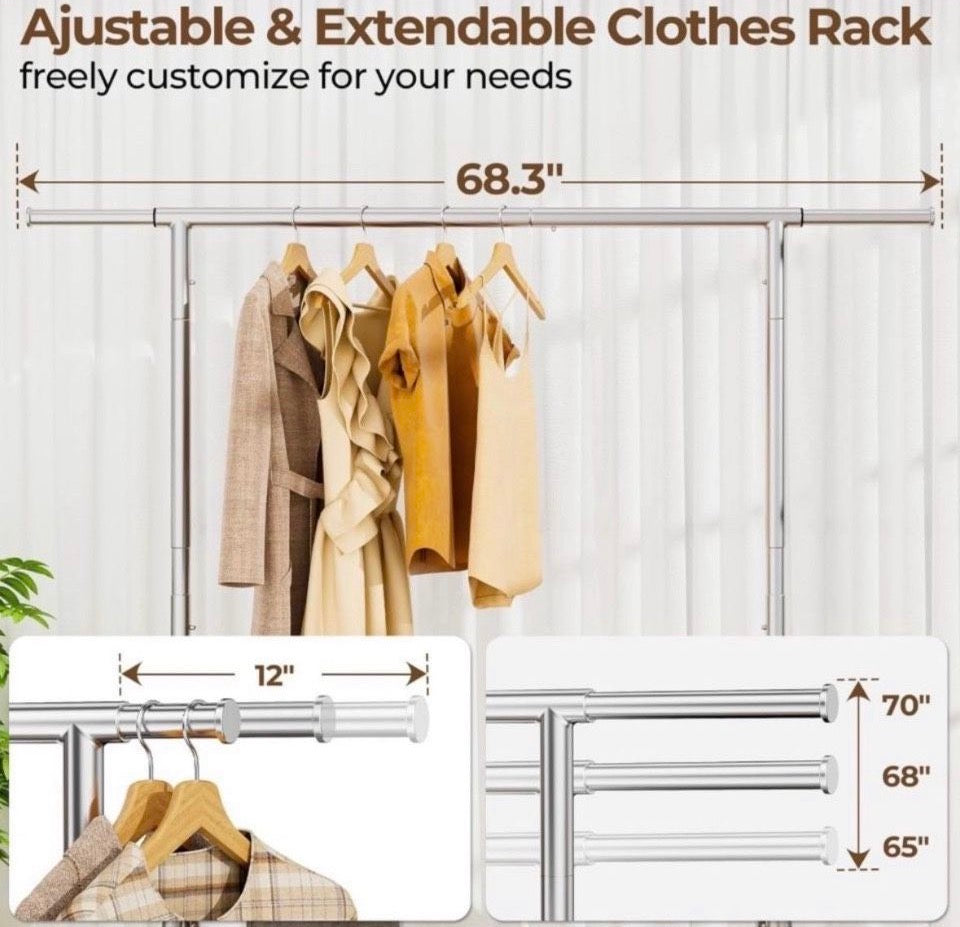 Open Box HYSEYY Heavy Duty Clothes Rack Load 450 LBS, Metal Garment Rack, Standing Rolling Clothing Rack for Hanging Clothes with Sturdy Wheels & Shel