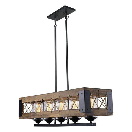 Eriogonum 5-Light Island fixture with wooden frame and five bulbs, perfect for kitchen or dining.